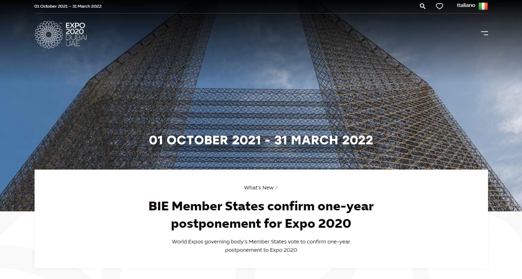 Annunciate le nuove date per EXPO 2020